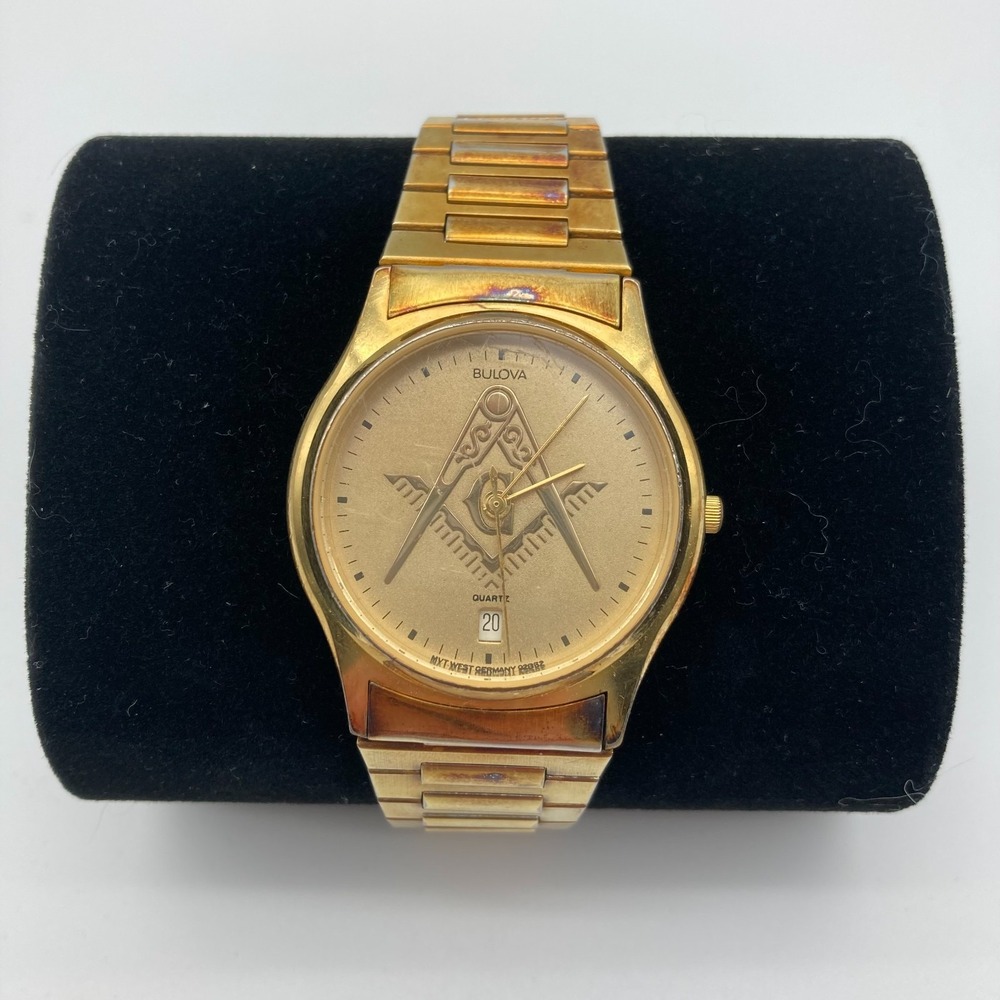 Vintage 1987 Bulova Masonic Watch Gold Tone West Germany Square & Compass Date
